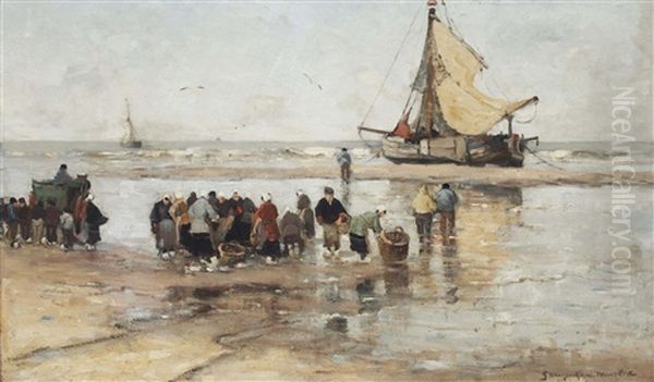 Fishermen On The Beach by Gerhard Arij Ludwig Morgenstje Munthe