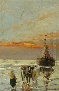 Kustenlandschaft Mit Schiff Und Pferdekutsche Kustenlandschaft Mit Schiff Und Pferdekutsche