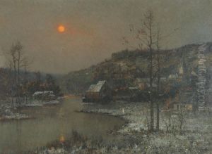 Snow Covered Village On The River, Evening by Rene Billotte
