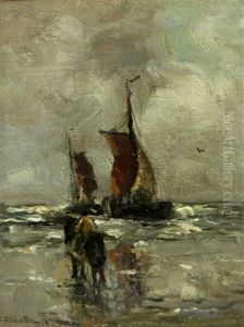 A Horse And Rider On A Beach With Two Boats Offshore A Horse And Rider On A Beach With Two Boats Offshore