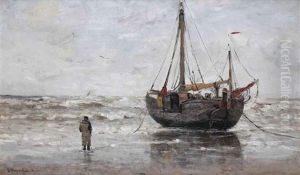 A Bomschuit On The Beach by Gerhard Arij Ludwig Morgenstje Munthe