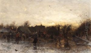 Winter Fun In The Village At Dusk by Gerhard Arij Ludwig Morgenstje Munthe