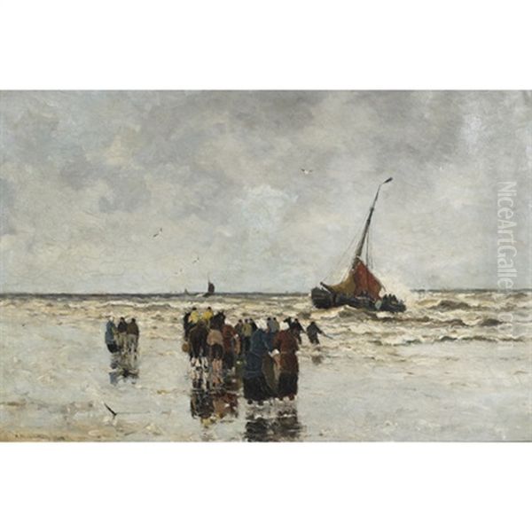 Fisherfolk On The Beach Hauling In The Day's Catch - view 1