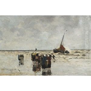 Fisherfolk On The Beach Hauling In The Day's Catch by Gerhard Arij Ludwig Morgenstje Munthe
