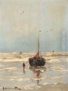 Fishermen And Boat On The Beach by Gerhard Arij Ludwig Morgenstje Munthe