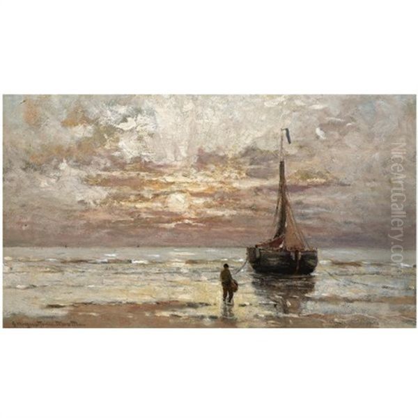 A Figure Near A Moored Bomschuit In The Breakers - view 1