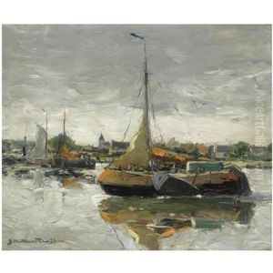 Fishing Boats In The Harbour Near Hengst, Belgium by Gerhard Arij Ludwig Morgenstje Munthe