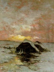 Winterliche Eislandschaft Mit Scheunen Im Abendlicht by Gerhard Arij Ludwig Morgenstje Munthe