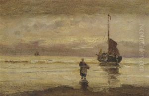 A Beached Bomschuit At Sunset by Gerhard Arij Ludwig Morgenstje Munthe