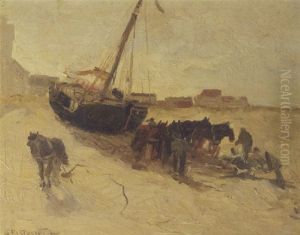 A Beach Scene With Horses And A Fishing Smack by Gerhard Arij Ludwig Morgenstje Munthe