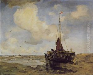 Bomschuit Op Het Strand Met Schelpenvisser Langszij by Gerhard Arij Ludwig Morgenstje Munthe