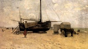 Figures By A Beached Bomschuit, Katwijk by Gerhard Arij Ludwig Morgenstje Munthe
