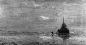 A Beached Bomschuit At Sunset by Gerhard Arij Ludwig Morgenstje Munthe