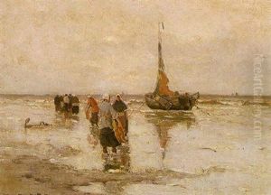 A Beach Scene With Women By A Moored Boat by Gerhard Arij Ludwig Morgenstje Munthe