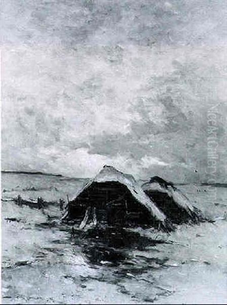 Sheds In A Winter Landscape, At Sunset - view 1