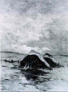 Sheds In A Winter Landscape, At Sunset by Gerhard Arij Ludwig Morgenstje Munthe