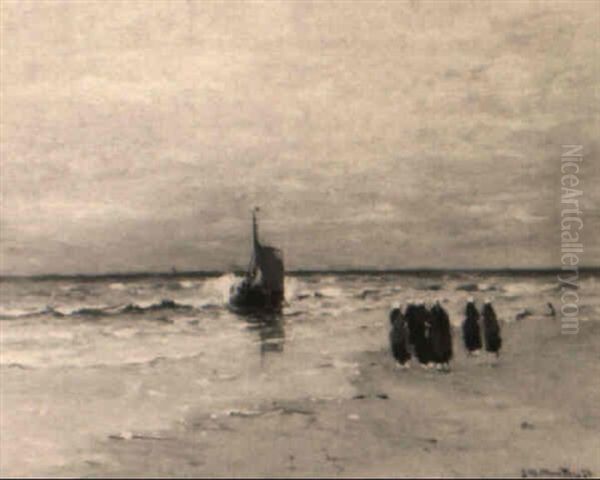 A Beach Scene With Several Fisherwomen, A Vessel At Sea In The Distance - view 1