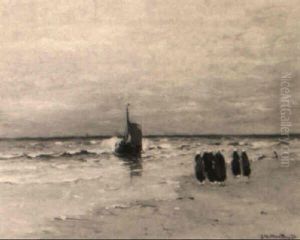 A Beach Scene With Several Fisherwomen, A Vessel At Sea In The Distance by Gerhard Arij Ludwig Morgenstje Munthe