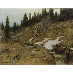 Snodekket Elvelandskap, Snowy River Landscape by Gerhard Munthe