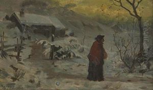 A Winter Scene With A Figure Walking Along A Path