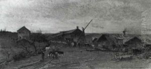 Peasants And Cattle On A Farmyard by Gerhard Munthe