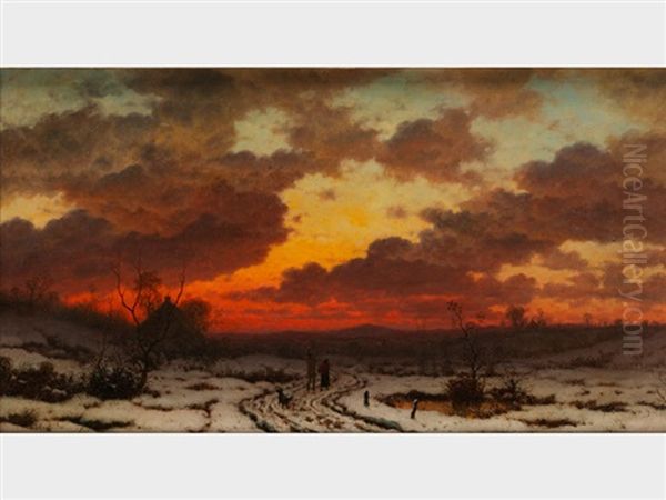 Schneelandschaft Bei Rotem Sonnenuntergang - view 1