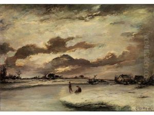 Winterlandschaft Mit Hausern Und Figuren Bei Abendlichem Tauwetter by Ludwig Munthe