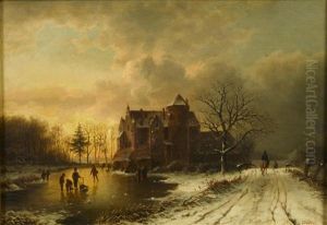 A Winter Landscape With Skaters On A Frozen Pond by Ludwig Munthe