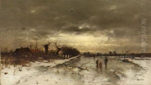 Winterlandschaft Mit Schlittschuhlaufenden Kindern Winterlandschaft Mit Schlittschuhlaufenden Kindern