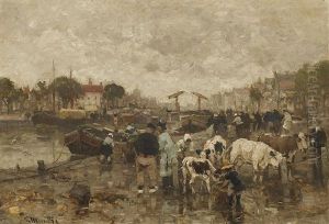 Viehmarkt Auf Der Kaimauer Einer Hollandischen Stadt Viehmarkt Auf Der Kaimauer Einer Hollandischen Stadt