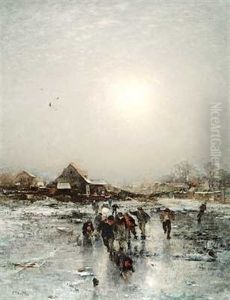 En Flok Drenge Pa Isen Ved En Sneklaedt By