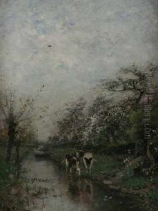 Kuhe Am Kanal Unter Bluhenden Obstbaumen Kuhe Am Kanal Unter Bluhenden Obstbaumen