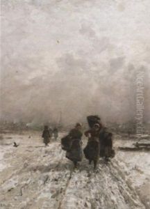 Fischersfrauen Bei Der Ruckkehr Vom Hafen. Winter by Ludwig Munthe