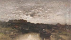 Wascherinnen Am Flusufer Vor Einer Stadt. Abendstimmung