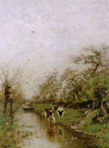 Kuhe Am Kanal Unter Bluhenden Obstbaumen Kuhe Am Kanal Unter Bluhenden Obstbaumen