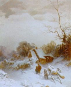Vinterlandskab Med Hytte, I Forgrunden Born