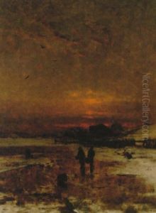 Vinterlandskap Med Figurer Och Byggnader, Skymning by Ludwig Munthe