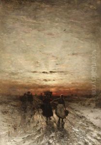 Heimkehrende Hollandische Bauersfrau Im Abendlicht Im Winter by Ludwig Munthe