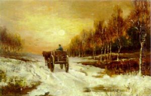 A Horse And Cart On A Track In A Frozen Winter Landscape by Ludwig Munthe