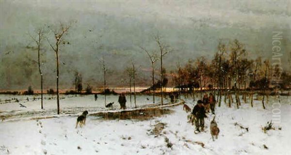 Hunters With Their Dogs In A Winter Landscape At Sunset - view 1