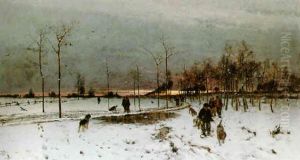 Hunters With Their Dogs In A Winter Landscape At Sunset by Ludwig Munthe