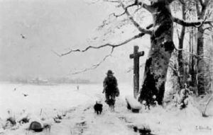 Jaeger Mit Hund Am Rande Eines Tief Verschneiten Waldes by Ludwig Munthe