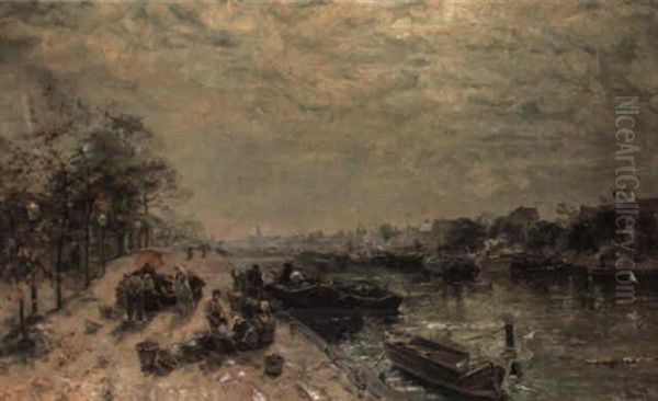Unloading The Catch On A Quay Before A Town - view 1