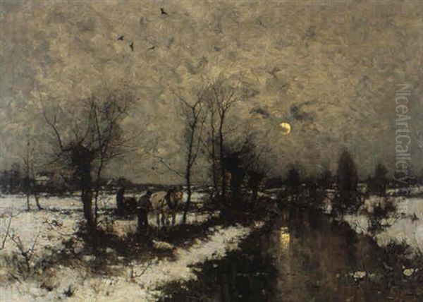 Winterlandschaft Mit Weidengesaumtem Fluschen Im Mondlicht - view 1
