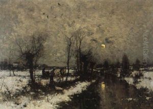 Winterlandschaft Mit Weidengesaumtem Fluschen Im Mondlicht by Ludwig Munthe