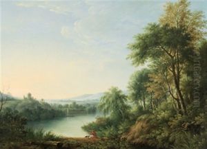 Bewaldete Flusslandschaft Mit Einem Angler by Johann Heinrich Muntz