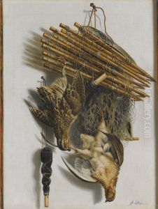 A Trompe L'oeil Still Life With Two Quails, A Bird-net And A Whistle by Jacobus Biltius