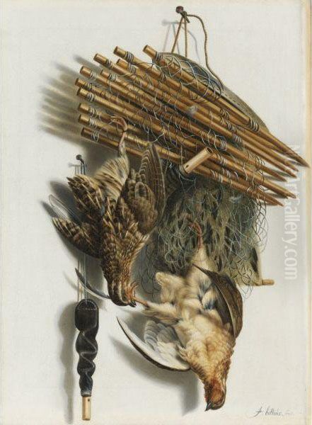 Trompe L'oeil Still Life With Two Quails, A Bird Net And Awhistle - view 1