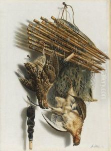 Trompe L'oeil Still Life With Two Quails, A Bird Net And Awhistle by Jacobus Biltius