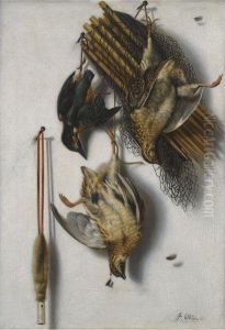 A Trompe L'oeil Still Life With Two Quails, A Kingfisher, A Birdnet And A Whistle by Jacobus Biltius